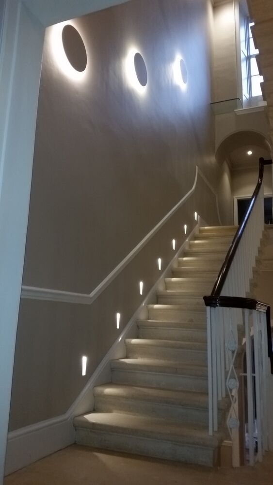 Recessed LED lighting to the stone staircase of a Grade I listed house in Bath